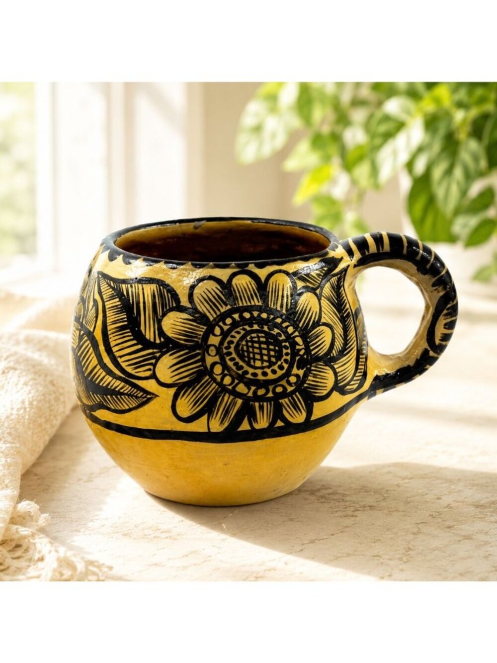 Vintage Hand-Made-Painted Yellow‎ & Black Floral Pottery Ceramic Mug